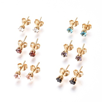 304 Stainless Steel Stud Earrings, with Rhinestone and Ear Nuts/Earring Back, Flat Round, Mixed Color, Golden, 14.5x4mm, Pin: 0.7mm, 12pairs/card