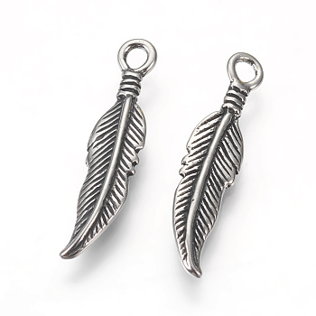 316 Surgical Stainless Steel Pendants, Feather, Antique Silver, 25.5x6x2.5mm, Hole: 2mm