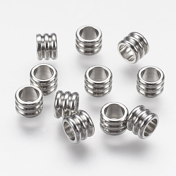 202 Stainless Steel Beads, Grooved Column, Stainless Steel Color, 6x4.5mm, Hole: 4mm