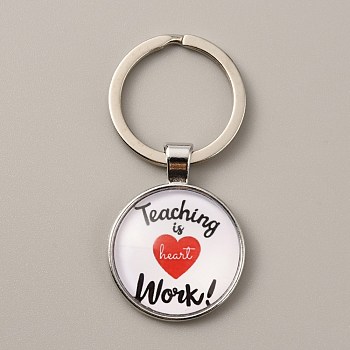 Teacher's Day Time Gem Keychain, with Alloy Findings, Half Round/Dome with Word Teaching is Work, Heart Pattern, 6cm