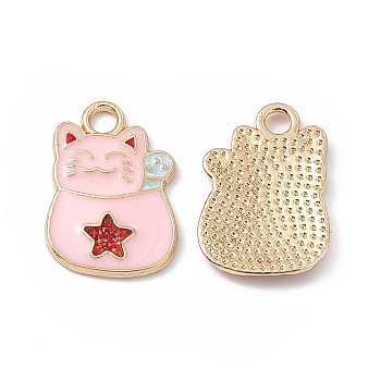 Alloy Enamel Pendants, Cat with Star Charm, Golden, Pink, 18.5x12.5x1.5mm, Hole: 2mm