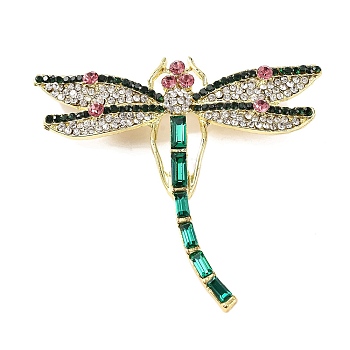 Golden Plated Alloy Colorful Rhinestone Insect Brooches, Dragonfly, 54.5x58x4mm