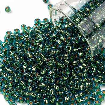 TOHO Round Seed Beads, Japanese Seed Beads, (756) 24K Gold Lined Aquamarine, 8/0, 3mm, Hole: 1mm, about 222pcs/bottle, 10g/bottle