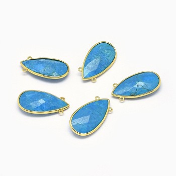 Synthetic Turquoise Pendants, with Long-Lasting Plated Brass Findings, Faceted, teardrop, Golden, 32x17x7mm, Hole: 1.4mm