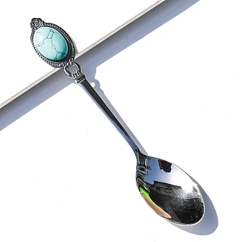 403 Stainless Steel Spoon, with Natural Synthetic Turquoise, Stainless Steel Color, 130x25mm