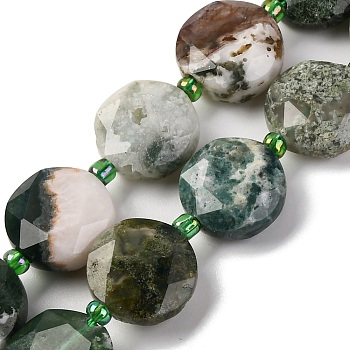 Natural Tree Agate Beads Strands, with Seed Beads, Faceted Hexagonal Cut, Flat Round, 11.5~12x5~5.5mm, Hole: 1.4mm, about 28pcs/strand, 15.51~15.55''(39.4~39.5cm)
