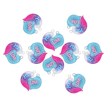 10 Sets Gradient Color Opaque Resin Pendants, with Glitter Powder, Couple Heart Charm with Word LOVE YOU, Deep Pink, 39x38.5x5.5mm, Hole: 3.5mm, 2pcs/set