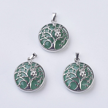Natural Green Aventurine Pendants, with Brass Findings, Flat Round with Tree of Life, Platinum, 31~32x27x8~9mm, Hole: 5x7mm