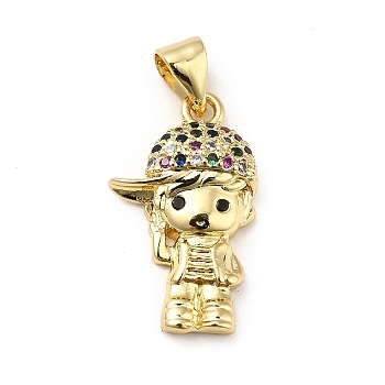 Brass Micro Pave Cubic Zirconia Pendants, Long-Lasting Plated, Real 18K Gold Plated, Boy Charm with Cap, Colorful, 20x12x4mm, Hole: 3.5x4mm