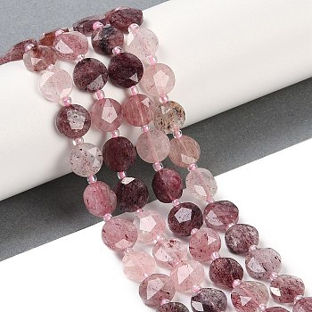 Natural Strawberry Quartz Beads Strands, Faceted Pentagonal Cut, Flat Round, with Seed Beads, 9~10.5x5~6mm, Hole: 1mm, about 32~33pcs/strand, 15.75''(40cm)