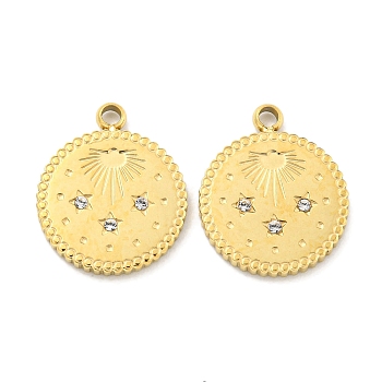 Vacuum Plating 304 Stainless Steel Pendants, with Crystal Rhinestone, Flat Round with Star/Sun Charms, Real 18K Gold Plated, 14x11.5x1.5mm, Hole: 1.2mm