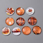 Autumn Theme Glass Cabochons, Half Round/Dome with Pumpkin/Maple Leaf Pattern, Orange, 2.45x0.6cm, 10pcs/set(GGLA-WH0002-006)