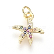 Brass Micro Pave Cubic Zirconia Charms, with Jump Rings, Starfish/Sea Stars Shape, Colorful, Golden, 12x10x1.5mm, Hole: 2.5mm(ZIRC-I032-54G)