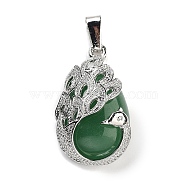 Natural Green Aventurine Teardrop Pendants, Alloy Peacock Charms, Platinum, 33x19x10mm, Hole: 3.5x9mm(G-G112-03P-06)