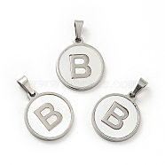 304 Stainless Steel with White Shell Pendants, Stainless Steel Color, Flat Round with Letter Charm, Letter.B, 18x16x1.5mm, Hole: 3x6mm(STAS-G268-01B-P)