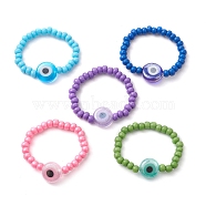 Handmade Evil Eye Lampwork Beads and Baking Paint Glass Stretch Finger Rings, Mixed Color, US Size 12 3/4(22mm)(RJEW-JR00675)