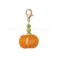 Glass Seed Beads Pendant Decorations, with Wood Beads and Zinc Alloy Lobster Claw Clasps, Pumpkin, Orange, 3.3cm(HJEW-JM00918)