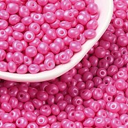 6/0 Glass Seed Beads, Opaque Colours Luster, Teardrop, Deep Pink, 4~5x4~4.5x3~4mm, Hole: 0.8~0.9mm, about 5625pcs/pound(SEED-L011-08A-28)