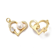 Rack Plating Brass Micro Pave Clear Cubic Zirconia Pendants, with Jump Rings & Acrylic Imitation Pearl, Long-Lasting Plated, Lead Free & Cadmium Free, Heart Charm, Real 18K Gold Plated, 18x21x9mm, Hole: 3.5mm(KK-A177-11G)
