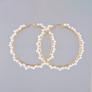 Beaded Hoop Earrings, with Glass Pearl Beads, Golden Plated 304 Stainless Steel Hoop Earrings Findings and Copper Wire, Ring, White, 74mm, Pin: 0.8mm(X-EJEW-JE03805)