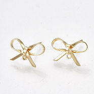 Brass Stud Earring Findings, with Loop, Bowknot, Raw(Unplated), 8~10x15mm, Hole: 1mm, Pin: 0.7mm.(KK-S350-013C)
