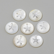 Freshwater Shell Pendants, Flat Round & Starfish/Sea Stars, Platinum, 16x3.5~4mm, Hole: 1.2mm(X-SHEL-Q010-001P)