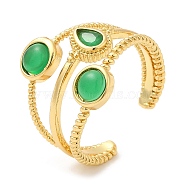 Rack Plating Brass Triple Line Open Cuff Rings, Natural Green Onyx Agate Teardrop Ring, Lead Free & Cadmium Free, Real 18K Gold Plated, Inner Diameter: 17.2mm(RJEW-D008-09G)
