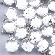 Glass Ball Pendants, with Polyfoam and CCB Plastic Findings, Round, White, 21x15.5~16mm, Hole: 2mm(GLAA-T003-02E)