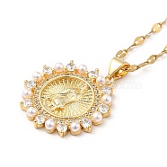 Flower with Virgin Mary Cubic Zirconia Pendant Necklace with Resin Pearl Beaded, Brass Jewelry for Women, Golden, 15.94 inch(40.5cm)(NJEW-F299-02G)