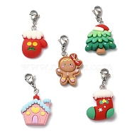 Christmas Theme Resin Pendant Decoration, with 304 Stainless Steel Lobster Claw Clasps, Gingerbread Man/Tree/House/Gloves/Christmas Socking, Mixed Color, 39~40mm(HJEW-JM01133)