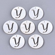 Natural Freshwater Shell Charms, Flat Round with Hollow Out Letter, Letter.Y, 14.5x1.5mm, Hole: 0.9mm(X-SHEL-S276-119Y)