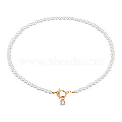 1Pc Brass Clear Cubic Zirconia Letter Pendant Necklaces, White Imitation Pearl Beaded Necklaces, with Stainless Steel Toggle Clasps, Lead Free & Nickel Free & Cadmium Free, Golden, Letter D, 17.72~18.23 inch(45~46.3cm)(NJEW-LP0001-32D)