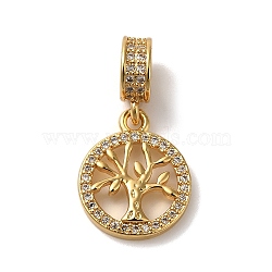 Rack Plating Brass Micro Pave Clear Cubic Zirconia European Dangle Charms, Large Hole Flat Round with Tree Pendants, Lead Free & Cadmium Free, Long-Lasting Plated, Real 18K Gold Plated, 26mm, Hole: 4mm(KK-K345-15G)