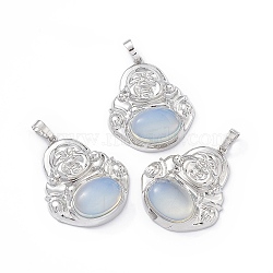 Opalite Pendants, Buddha Charms, with Platinum Tone Rack Plating Brass Findings, Cadmium Free & Lead Free, 39x32x9.5mm, Hole: 8x4.5mm(G-H283-01U)