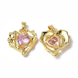 Brass Micro Pave Cubic Zirconia Pendants, Real 18K Gold Plated, Heart Charm, Pink, 20x18.5x5mm, Hole: 4.5x2mm(KK-P223-51G-01)