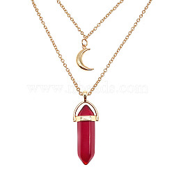 Dyed Natural Jasper Cone Pendant Double Layer Necklace, with Moon Charms, 19.69 inch(50cm)(UX9990-15)
