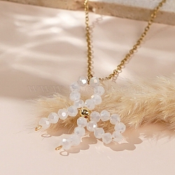 Glass Beaded Bowknot Pendant Necklaces, Golden Tone Metal Chain Minimalist Jewelry for Women, White(LG8345-3)