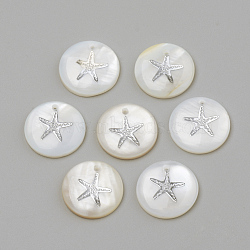 Freshwater Shell Pendants, Flat Round & Starfish/Sea Stars, Platinum, 16x3.5~4mm, Hole: 1.2mm(X-SHEL-Q010-001P)