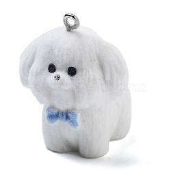 Flocky Resin Pendants, With Platinum Iron Loop, Dog with Bowknot, White, 33.5x26.5x28.5mm, Hole: 2mm(RESI-Q002-06B)