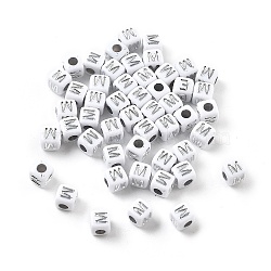 Opaque Acrylic Beads, Square with Letter, Silver Metal Enlaced, Letter M, 5x5x5mm, Hole: 2mm, about 5000ocs(OACR-D282-06M)