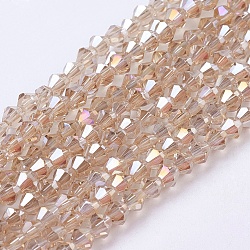 Glass Beads Strands, AB Color Plated, Faceted, Bicone, Beige, 4x4mm, Hole: 1mm, about 92~96pcs/strand, 13.78~14.37 inch(EGLA-S056-09)