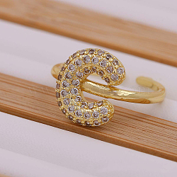 Brass Micro Pave Clear Cubic Zirconia Initial Cuff Rings, Golden, Letter C, Inner Diameter: Adjustable(FS-WGB210B-04)