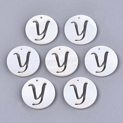 Natural Freshwater Shell Charms, Flat Round with Hollow Out Letter, Letter.Y, 14.5x1.5mm, Hole: 0.9mm(X-SHEL-S276-119Y)