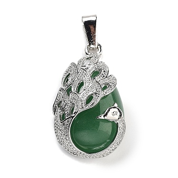 Natural Green Aventurine Teardrop Pendants, Alloy Peacock Charms, Platinum, 33x19x10mm, Hole: 3.5x9mm