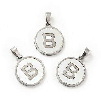 304 Stainless Steel with White Shell Pendants, Stainless Steel Color, Flat Round with Letter Charm, Letter.B, 18x16x1.5mm, Hole: 3x6mm