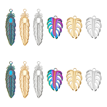 Jewelry Making Findings Kits, Including 6Pcs 3 Colors 304 Stainless Steel Pendant Settings for Enamel and 6Pcs 3 Colors 304 Stainless Steel Pendants, Feather & Monstera Leaf, Mixed Color, Tray: 4x6mm, 26.5~46.5x13~18x2mm, Hole: 2.5mm, 2pcs/color