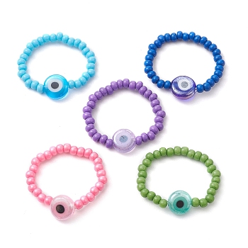 Handmade Evil Eye Lampwork Beads and Baking Paint Glass Stretch Finger Rings, Mixed Color, US Size 12 3/4(22mm)