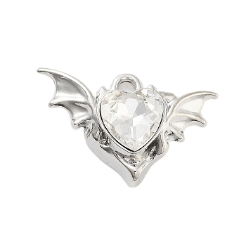 Rack Plating Alloy Glass Pendants, Flying Heart, Platinum, Clear, 15.5x23.5x8.5mm, Hole: 2mm