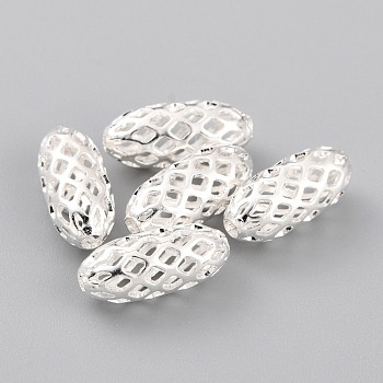 Brass Beads, Long-Lasting Plated, Hollow Out, Rice, 925 Sterling Silver Plated, 11x5mm, Hole: 1.4mm