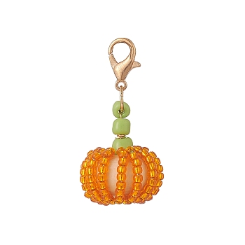 Glass Seed Beads Pendant Decorations, with Wood Beads and Zinc Alloy Lobster Claw Clasps, Pumpkin, Orange, 3.3cm